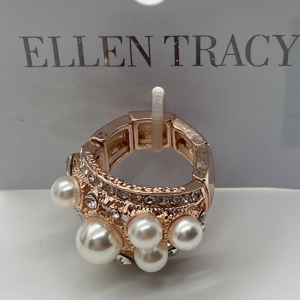 Ellen Tracy Faux Rose Gold Diamond Pearl Cocktail Ring One Size NWT - Picture 4 of 7